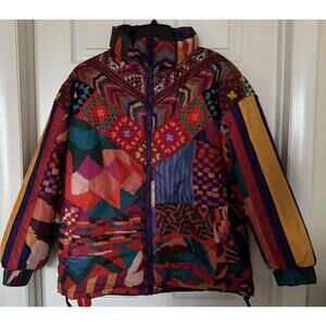 Farm Rio Women's XS Red Abstract Patches Reversible Full Zip Puffer Jacket NEW